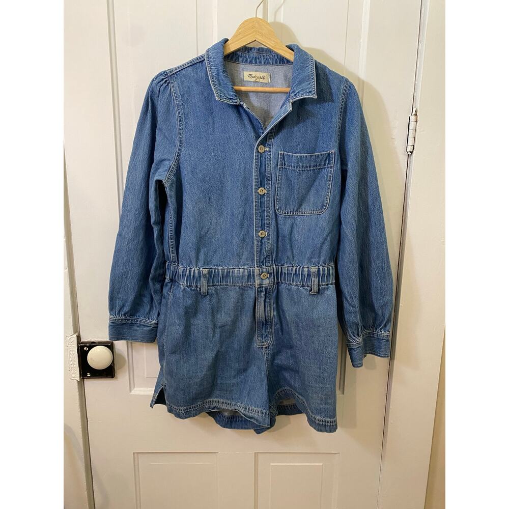 Madewell Long Sleeve Elastic Waist Denim Romper in Rushland large jean onesie